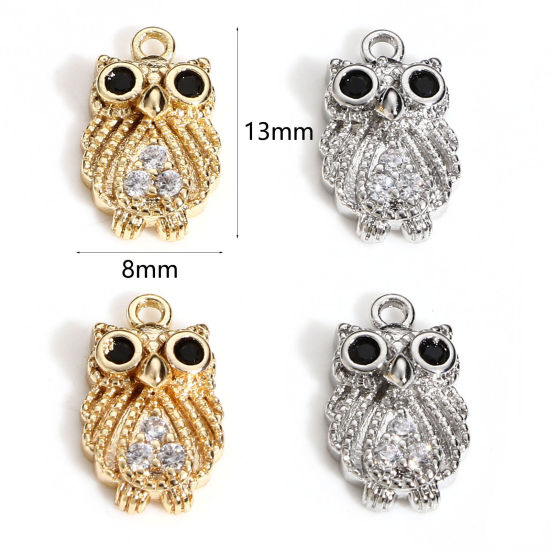 Immagine di Ottone Halloween Charms Gufo Vero Oro Placcato Micro Spianare Trasparente & Nero Cubic Zirconiae 13mm x 8mm, 2 Pz