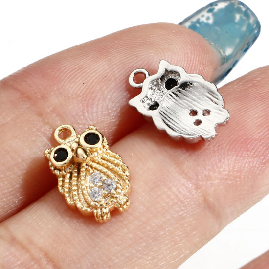Immagine di Ottone Halloween Charms Gufo Vero Oro Placcato Micro Spianare Trasparente & Nero Cubic Zirconiae 13mm x 8mm, 2 Pz