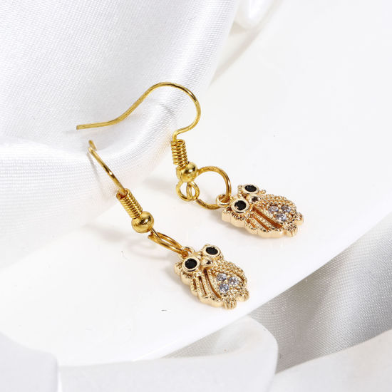 Immagine di Ottone Halloween Charms Gufo Vero Oro Placcato Micro Spianare Trasparente & Nero Cubic Zirconiae 13mm x 8mm, 2 Pz