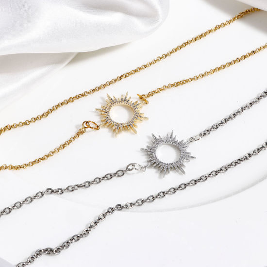 Imagen de Latón Galaxia Conectores Dijes Colgantes Sol Oro Real Chapado Micro Pave Claro Circón Artificial 29mm x 25mm, 1 Unidad