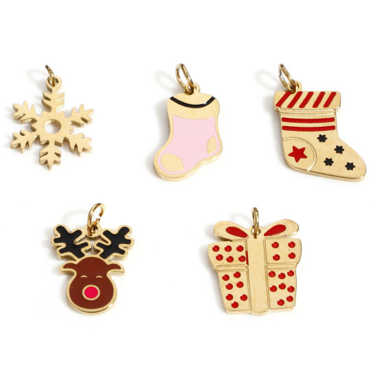 Picture of 316 Stainless Steel Exquisite Charms 18K Real Gold Plated Christmas Reindeer Christmas Stocking Enamel