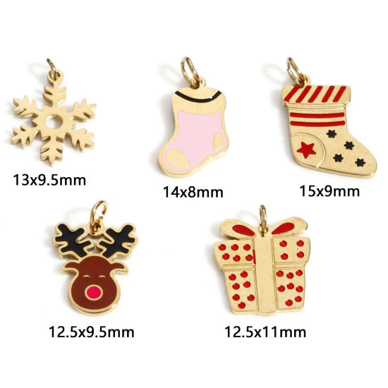 Picture of 316 Stainless Steel Exquisite Charms 18K Real Gold Plated Christmas Reindeer Christmas Stocking Enamel