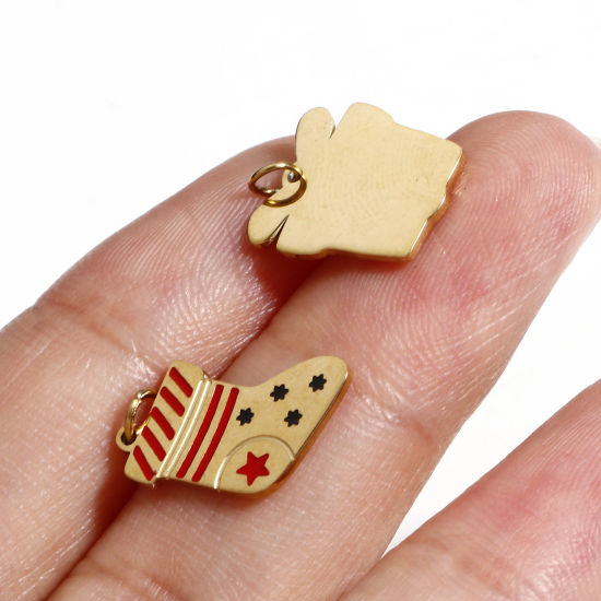 Picture of 316 Stainless Steel Exquisite Charms 18K Real Gold Plated Christmas Reindeer Christmas Stocking Enamel