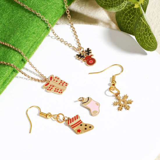 Picture of 316 Stainless Steel Exquisite Charms 18K Real Gold Plated Christmas Reindeer Christmas Stocking Enamel