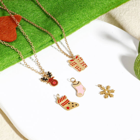Picture of 316 Stainless Steel Exquisite Charms 18K Real Gold Plated Christmas Reindeer Christmas Stocking Enamel