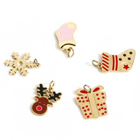 Picture of 316 Stainless Steel Exquisite Charms 18K Real Gold Plated Christmas Reindeer Christmas Stocking Enamel