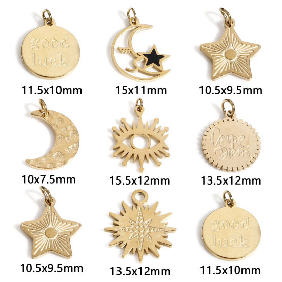 Picture of 316 Stainless Steel Galaxy Charms 18K Real Gold Plated Pentagram Star Moon Face