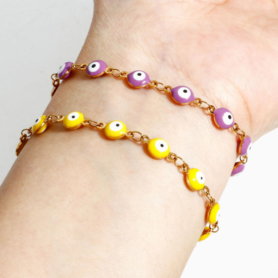 Immagine di 304 Acciaio Inossidabile Religione Catena a Maglia Fatta a Mano Braccialetti Tondo Malocchio Con Aragosta Fermagli Fibbia e Catena di Estensione 16.5cm Lunghezza, 1 Pz