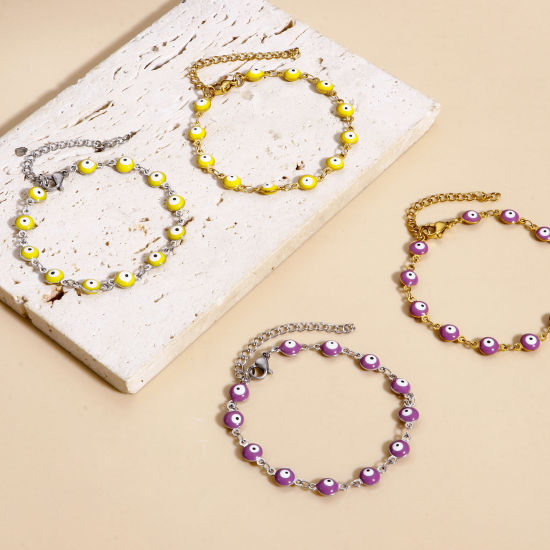 Immagine di 304 Acciaio Inossidabile Religione Catena a Maglia Fatta a Mano Braccialetti Tondo Malocchio Con Aragosta Fermagli Fibbia e Catena di Estensione 16.5cm Lunghezza, 1 Pz