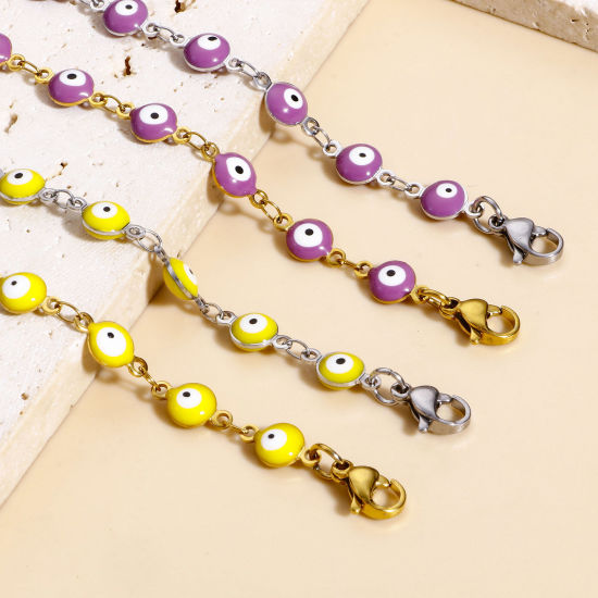 Immagine di 304 Acciaio Inossidabile Religione Catena a Maglia Fatta a Mano Braccialetti Tondo Malocchio Con Aragosta Fermagli Fibbia e Catena di Estensione 16.5cm Lunghezza, 1 Pz