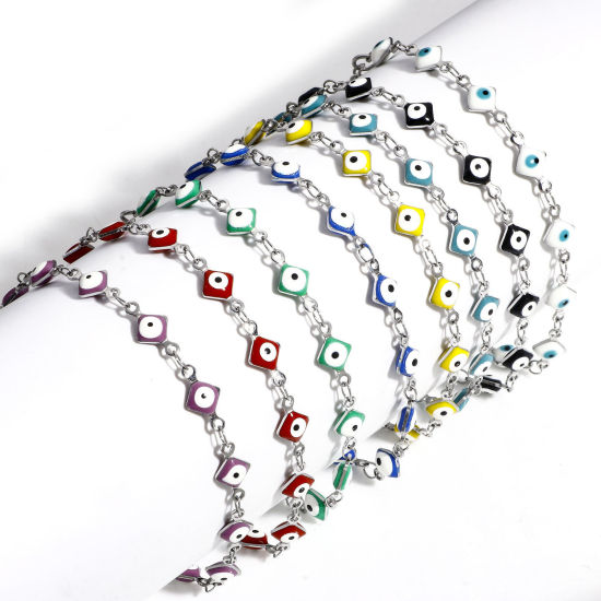 Immagine di 304 Acciaio Inossidabile Religione Catena a Maglia Fatta a Mano Braccialetti Tono Argento Rombo Malocchio Con Aragosta Fermagli Fibbia e Catena di Estensione 16.5cm Lunghezza, 1 Pz