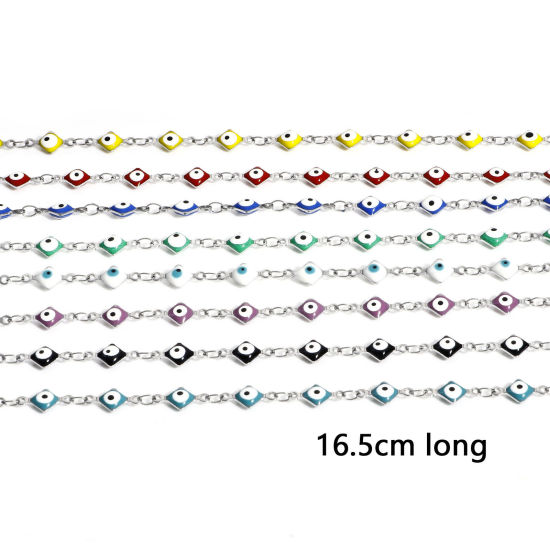 Immagine di 304 Acciaio Inossidabile Religione Catena a Maglia Fatta a Mano Braccialetti Tono Argento Rombo Malocchio Con Aragosta Fermagli Fibbia e Catena di Estensione 16.5cm Lunghezza, 1 Pz