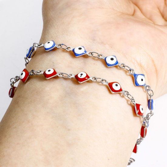 Immagine di 304 Acciaio Inossidabile Religione Catena a Maglia Fatta a Mano Braccialetti Tono Argento Rombo Malocchio Con Aragosta Fermagli Fibbia e Catena di Estensione 16.5cm Lunghezza, 1 Pz