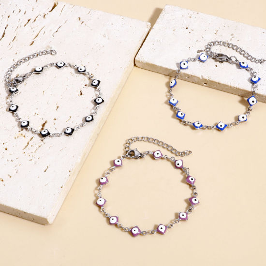 Immagine di 304 Acciaio Inossidabile Religione Catena a Maglia Fatta a Mano Braccialetti Tono Argento Rombo Malocchio Con Aragosta Fermagli Fibbia e Catena di Estensione 16.5cm Lunghezza, 1 Pz