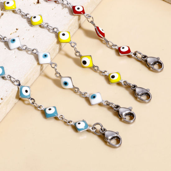 Immagine di 304 Acciaio Inossidabile Religione Catena a Maglia Fatta a Mano Braccialetti Tono Argento Rombo Malocchio Con Aragosta Fermagli Fibbia e Catena di Estensione 16.5cm Lunghezza, 1 Pz