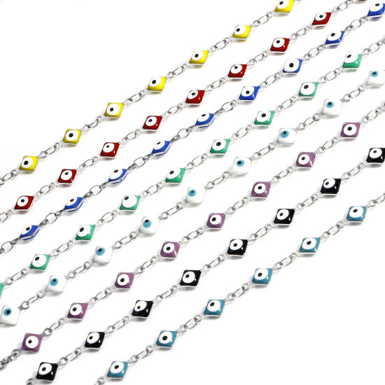 Immagine di 304 Acciaio Inossidabile Religione Catena a Maglia Fatta a Mano Braccialetti Tono Argento Rombo Malocchio Con Aragosta Fermagli Fibbia e Catena di Estensione 16.5cm Lunghezza, 1 Pz