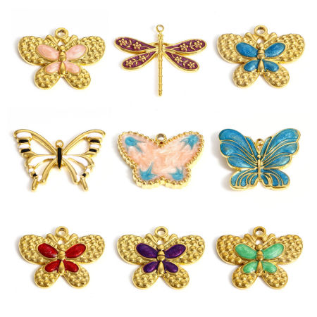 304 Stainless Steel Insect Charms 18K Gold Color Multicolor Dragonfly Animal Butterfly Enamel