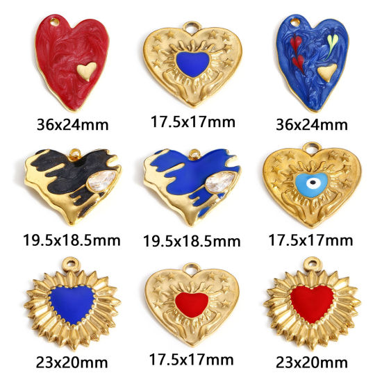 Picture of 304 Stainless Steel Valentine's Day Charms Gold Plated Multicolor Heart Evil Eye Enamel