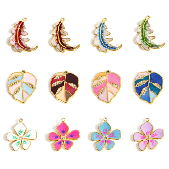 Picture of 304 Stainless Steel Pastoral Style Charms Gold Plated Multicolor Flower Leaf Enamel Clear Rhinestone