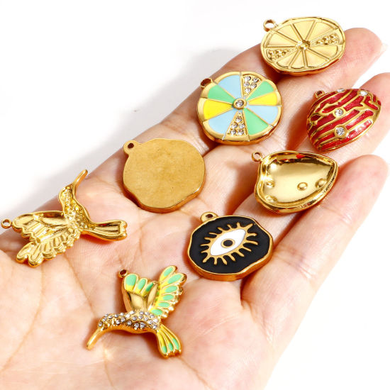 Picture of 304 Stainless Steel Stylish Charms Gold Plated Multicolor Hummingbird Shell Enamel Clear Rhinestone