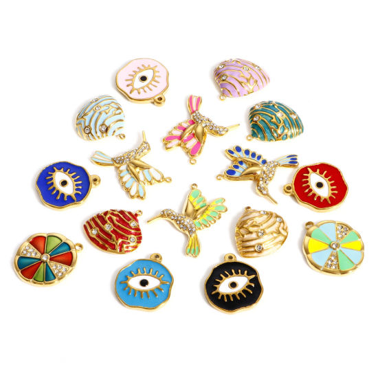 Picture of 304 Stainless Steel Stylish Charms Gold Plated Multicolor Hummingbird Shell Enamel Clear Rhinestone