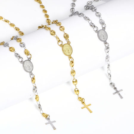 Picture of 304 Stainless Steel Religious Pig Nose Chain Prayer Beads Rosary Necklace Cross Virgin Mary 50cm(19 5/8") long
