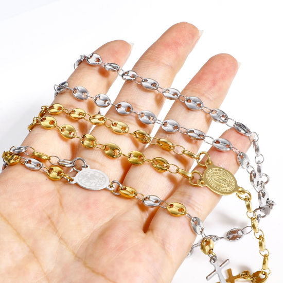 Image de 1 Pièce Collier Chapelet de Perles de Prière Chaîne de Nez de Cochon en 304 Acier Inoxydable Religieux Croix Sainte Vierge Marie 50cm Long