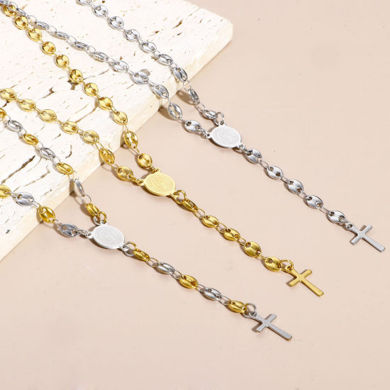 Image de 1 Pièce Collier Chapelet de Perles de Prière Chaîne de Nez de Cochon en 304 Acier Inoxydable Religieux Croix Sainte Vierge Marie 50cm Long