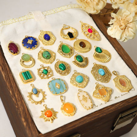 304 Stainless Steel & Stone Boho Chic Bohemia Charms 18K Real Gold Plated Multicolor Fan-shaped Oval Imitation Gemstones