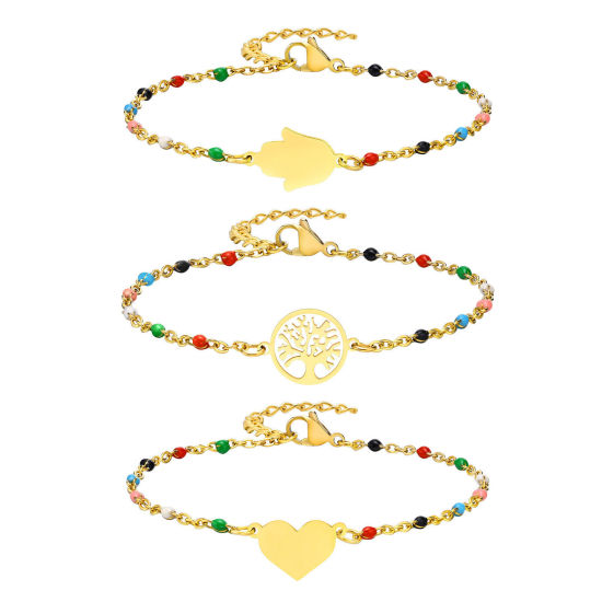 Picture of Eco-friendly Simple & Casual Simple 18K Gold Plated 304 Stainless Steel Link Cable Chain Hamsa Symbol Hand Tree of Life Bracelets For Women Party