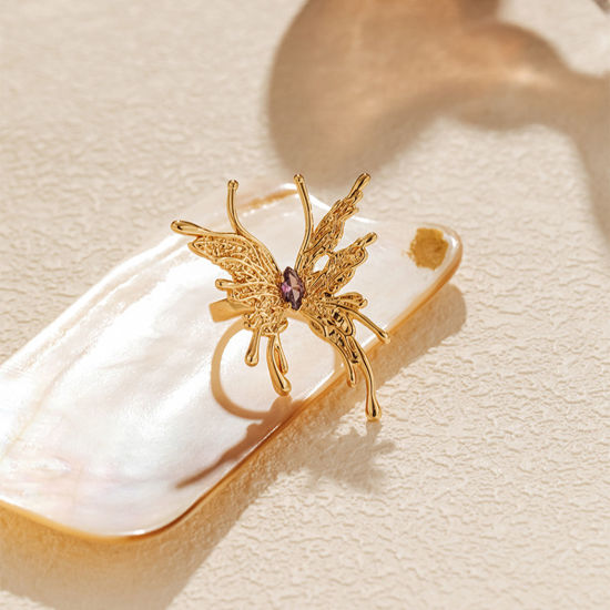 Picture of Eco-friendly Vacuum Plating Sweet & Cute Stylish 18K Real Gold Plated Copper & Cubic Zirconia Open Adjustable Drop Butterfly Rings For Women Party