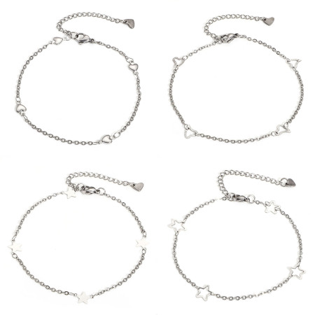 304 Stainless Steel Handmade Link Chain Anklet Silver Tone With Lobster Claw Clasp And Extender Chain