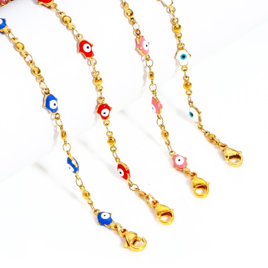 Picture of 304 Stainless Steel Religious Handmade Link Chain Necklace For DIY Jewelry Making Hamsa Symbol Hand Evil Eye Gold Plated Enamel 45cm(17 6/8") - 44cm(17 3/8") long