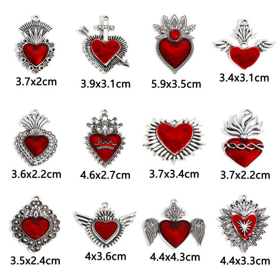 Immagine di Lega di Zinco Religione Ciondoli Argento Antico Rosso Ex Voto Cuore Smalto 5 Pz