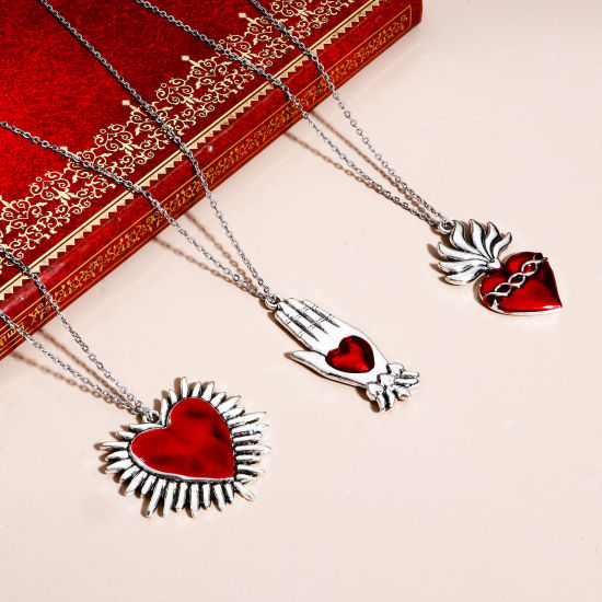 Immagine di Lega di Zinco Religione Ciondoli Argento Antico Rosso Ex Voto Cuore Smalto 5 Pz