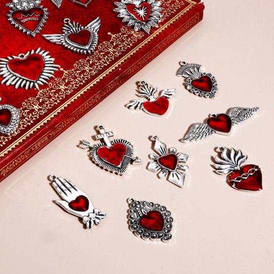 Immagine di Lega di Zinco Religione Ciondoli Argento Antico Rosso Ex Voto Cuore Smalto 5 Pz