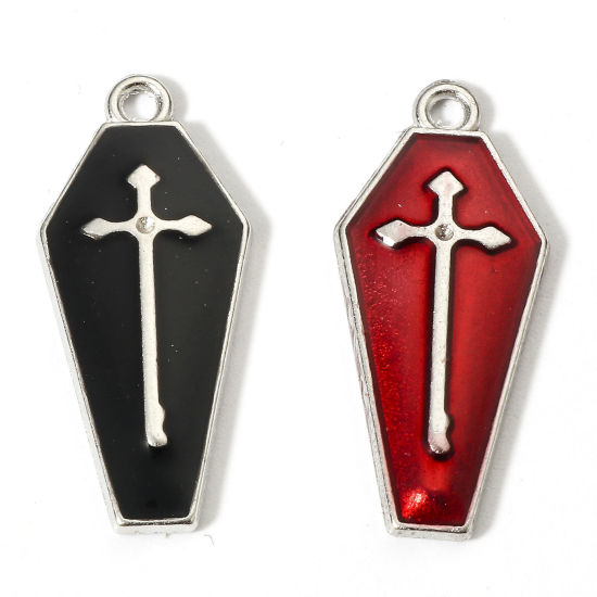 Picture of Zinc Based Alloy Halloween Charms Silver Tone Multicolor Coffin Cross Enamel 26mm x 12mm