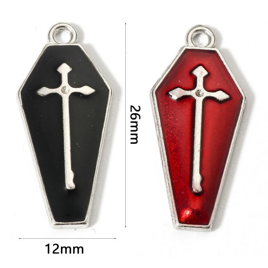 Picture of Zinc Based Alloy Halloween Charms Silver Tone Multicolor Coffin Cross Enamel 26mm x 12mm