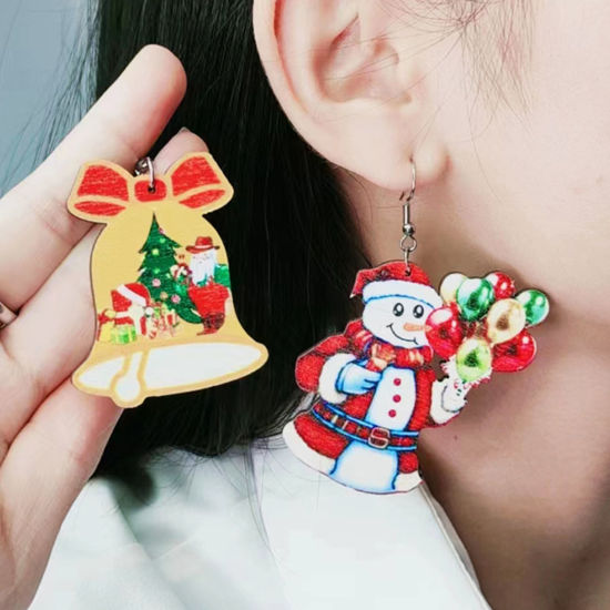 Picture of Wood Simple Earrings Multicolor Drop Christmas Santa Claus Hollow
