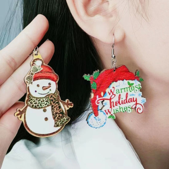 Picture of Wood Simple Earrings Multicolor Drop Christmas Santa Claus Hollow