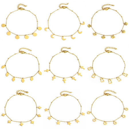 304 Stainless Steel Link Cable Chain Bracelets Gold Plated With Lobster Claw Clasp And Extender Chain 18cm(7 1/8") long