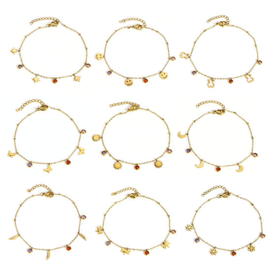 Imagen de 1 Unidad 304 Acero Inoxidable Cable Cadena Cruz Pulseras Chapado en Oro Multicolor Rhinestone Con Broche de Langosta y Extensor Cadena 18cm longitud