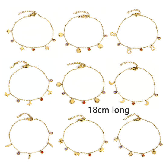 Imagen de 1 Unidad 304 Acero Inoxidable Cable Cadena Cruz Pulseras Chapado en Oro Multicolor Rhinestone Con Broche de Langosta y Extensor Cadena 18cm longitud