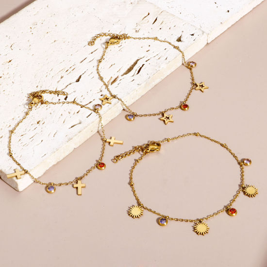 Imagen de 1 Unidad 304 Acero Inoxidable Cable Cadena Cruz Pulseras Chapado en Oro Multicolor Rhinestone Con Broche de Langosta y Extensor Cadena 18cm longitud
