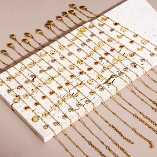 Imagen de 1 Unidad 304 Acero Inoxidable Cable Cadena Cruz Pulseras Chapado en Oro Multicolor Rhinestone Con Broche de Langosta y Extensor Cadena 18cm longitud