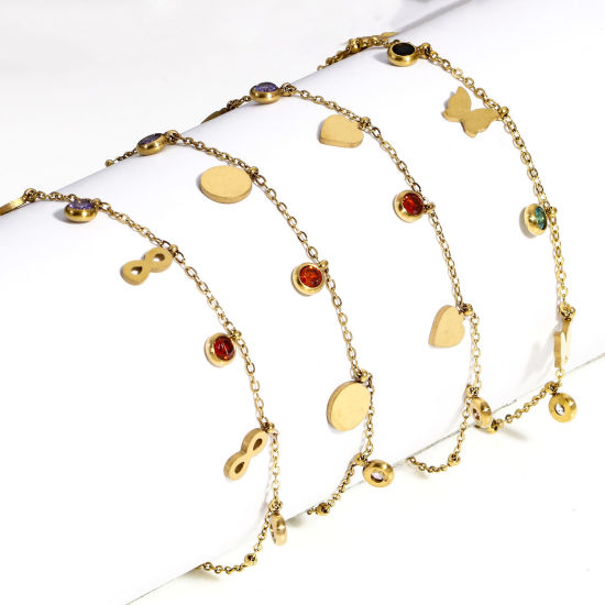 Imagen de 1 Unidad 304 Acero Inoxidable Cable Cadena Cruz Pulseras Chapado en Oro Multicolor Rhinestone Con Broche de Langosta y Extensor Cadena 18cm longitud