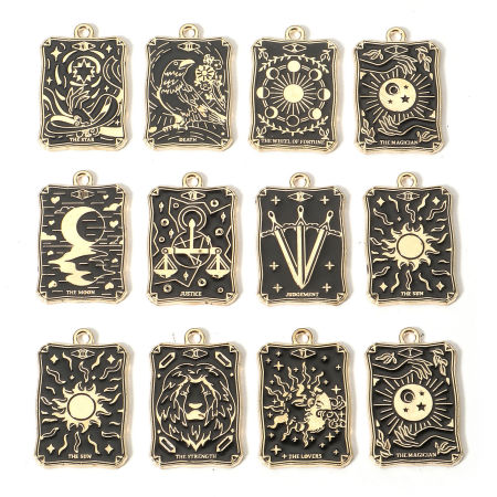 Zinc Based Alloy Tarot Charms Gold Plated Black Rectangle Enamel 28mm x 18mm