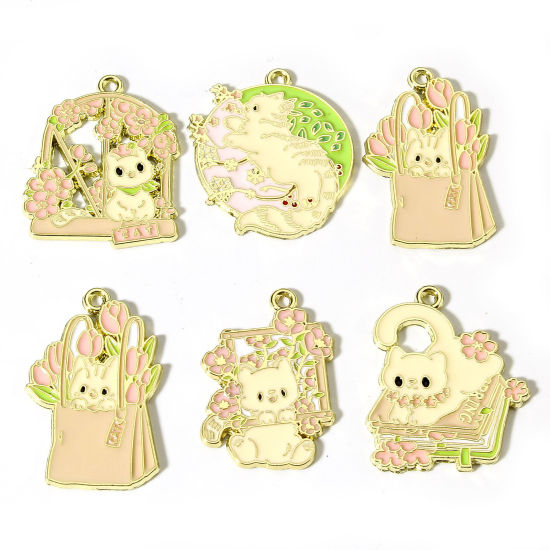 Picture of Zinc Based Alloy Pendants Gold Plated Multicolor Cat Animal Flower Enamel