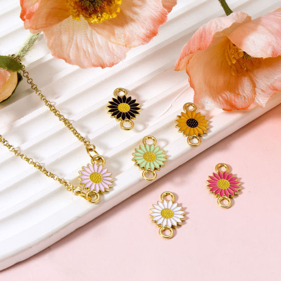 Picture of Zinc Based Alloy Connectors Charms Pendants Gold Plated Daisy Flower Enamel 21mm x 13mm