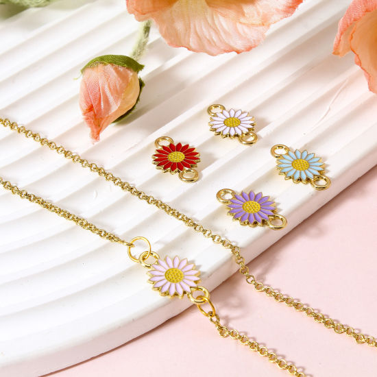 Picture of Zinc Based Alloy Connectors Charms Pendants Gold Plated Daisy Flower Enamel 21mm x 13mm